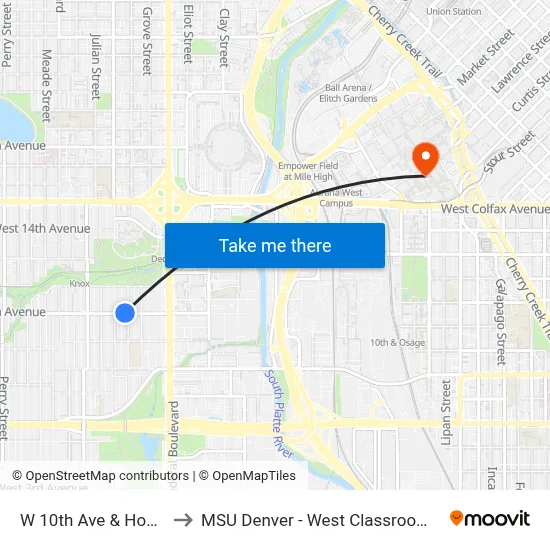 W 10th Ave & Hooker St to MSU Denver - West Classroom Building map