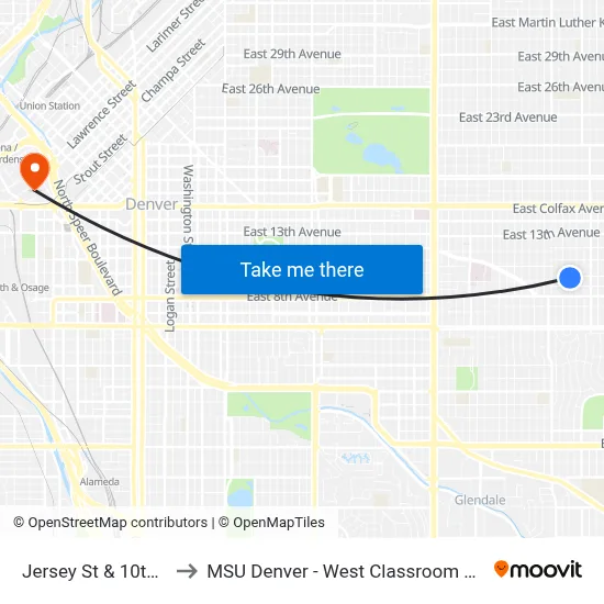 Jersey St & 10th Ave to MSU Denver - West Classroom Building map