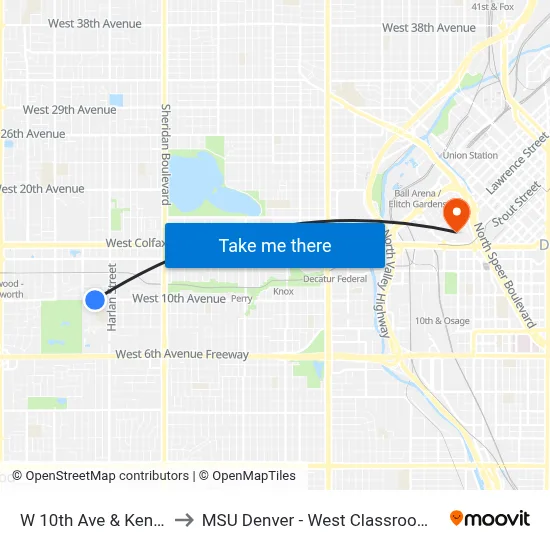 W 10th Ave & Kendall St to MSU Denver - West Classroom Building map