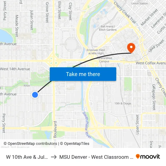 W 10th Ave & Julian St to MSU Denver - West Classroom Building map