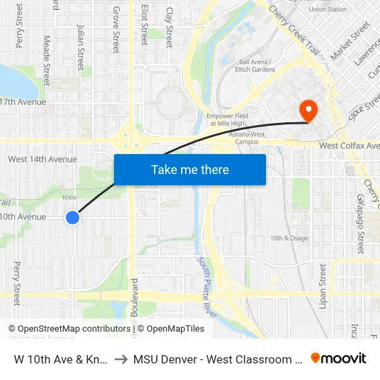 W 10th Ave & Knox Ct to MSU Denver - West Classroom Building map
