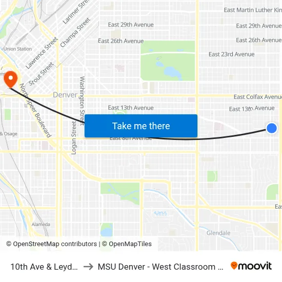 10th Ave & Leyden St to MSU Denver - West Classroom Building map