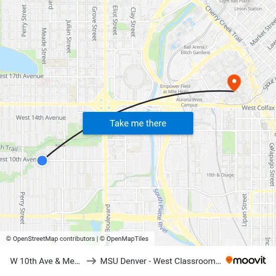 W 10th Ave & Meade St to MSU Denver - West Classroom Building map
