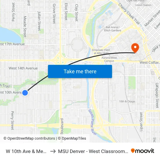 W 10th Ave & Meade St to MSU Denver - West Classroom Building map