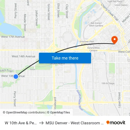 W 10th Ave & Perry St to MSU Denver - West Classroom Building map