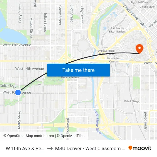 W 10th Ave & Perry St to MSU Denver - West Classroom Building map