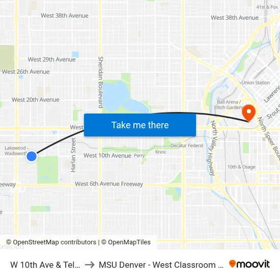 W 10th Ave & Teller St to MSU Denver - West Classroom Building map