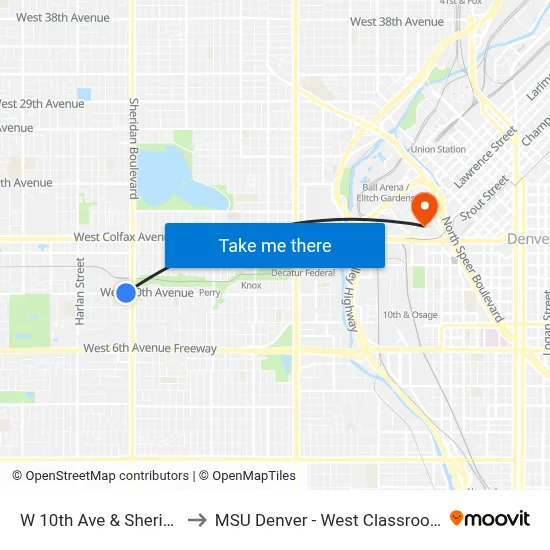 W 10th Ave & Sheridan Blvd to MSU Denver - West Classroom Building map