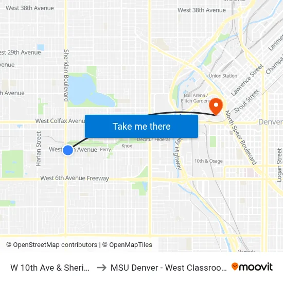 W 10th Ave & Sheridan Blvd to MSU Denver - West Classroom Building map