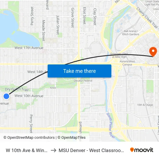 W 10th Ave & Winona Ct to MSU Denver - West Classroom Building map