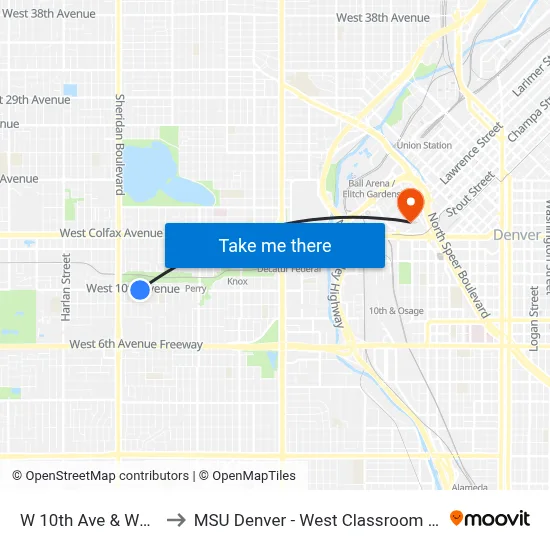 W 10th Ave & Wolff St to MSU Denver - West Classroom Building map