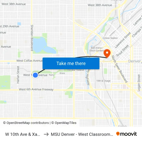 W 10th Ave & Xavier St to MSU Denver - West Classroom Building map