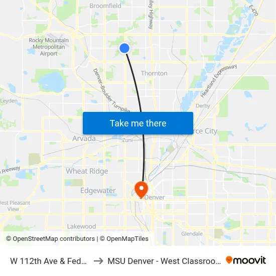 W 112th Ave & Federal Blvd to MSU Denver - West Classroom Building map