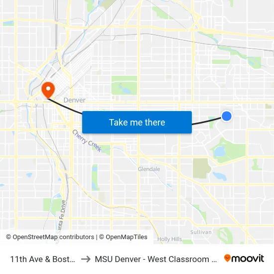 11th Ave & Boston St to MSU Denver - West Classroom Building map