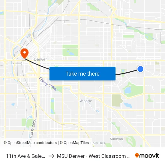 11th Ave & Galena St to MSU Denver - West Classroom Building map