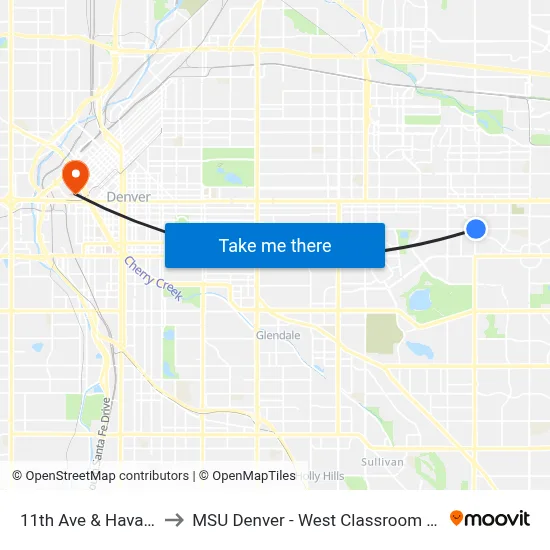 11th Ave & Havana St to MSU Denver - West Classroom Building map