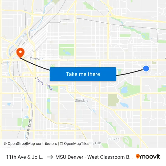 11th Ave & Joliet St to MSU Denver - West Classroom Building map
