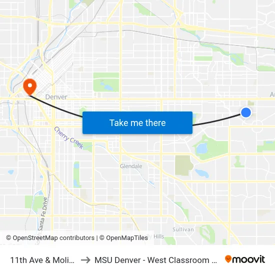 11th Ave & Moline St to MSU Denver - West Classroom Building map