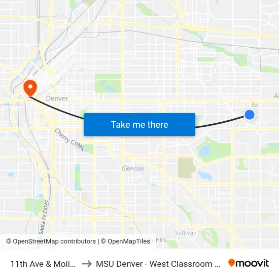 11th Ave & Moline St to MSU Denver - West Classroom Building map