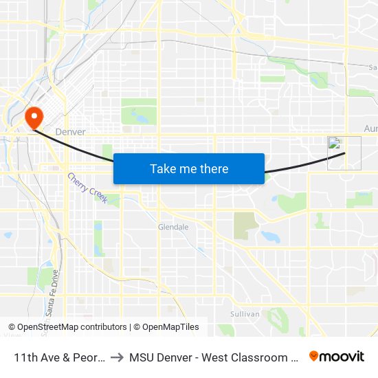 11th Ave & Peoria St to MSU Denver - West Classroom Building map