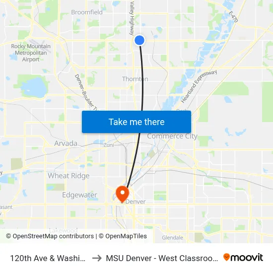 120th Ave & Washington St to MSU Denver - West Classroom Building map