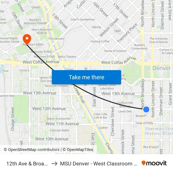 12th Ave & Broadway to MSU Denver - West Classroom Building map