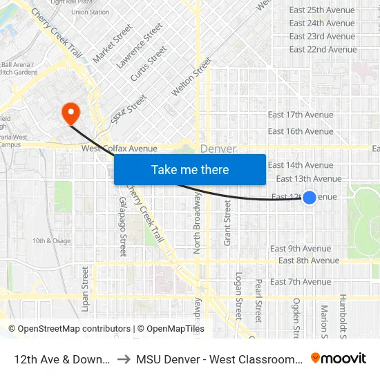 12th Ave & Downing St to MSU Denver - West Classroom Building map