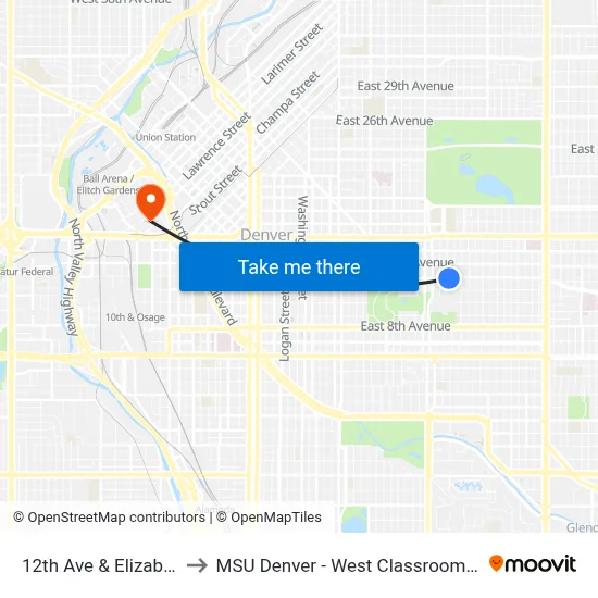 12th Ave & Elizabeth St to MSU Denver - West Classroom Building map
