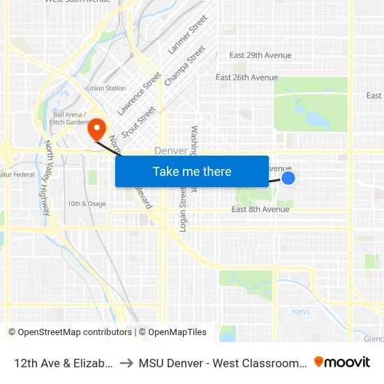 12th Ave & Elizabeth St to MSU Denver - West Classroom Building map