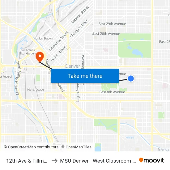 12th Ave & Fillmore St to MSU Denver - West Classroom Building map