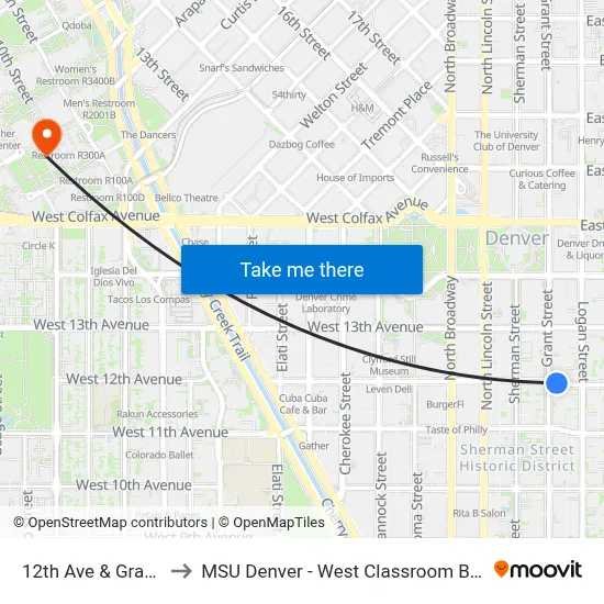 12th Ave & Grant St to MSU Denver - West Classroom Building map