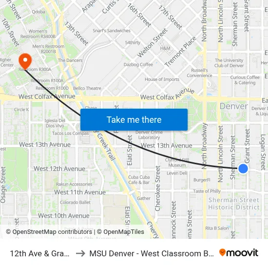 12th Ave & Grant St to MSU Denver - West Classroom Building map