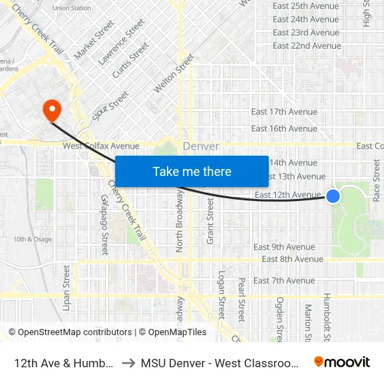 12th Ave & Humboldt St to MSU Denver - West Classroom Building map