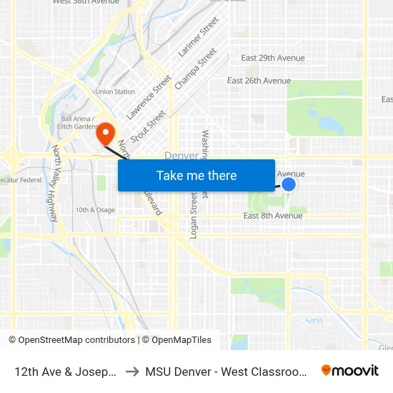 12th Ave & Josephine St to MSU Denver - West Classroom Building map