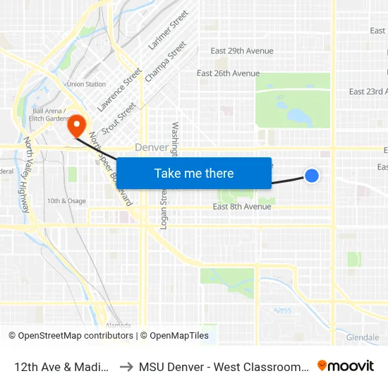 12th Ave & Madison St to MSU Denver - West Classroom Building map