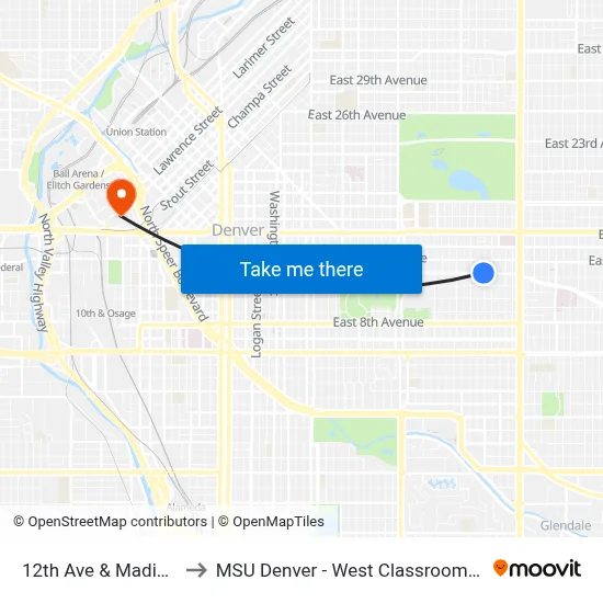 12th Ave & Madison St to MSU Denver - West Classroom Building map