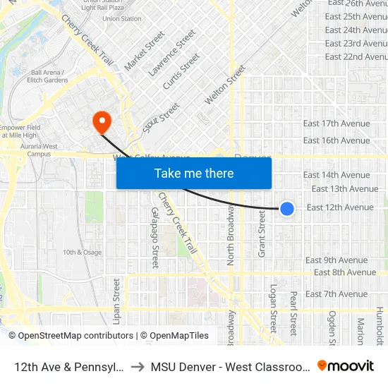 12th Ave & Pennsylvania St to MSU Denver - West Classroom Building map