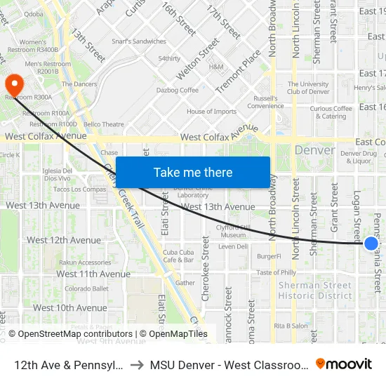12th Ave & Pennsylvania St to MSU Denver - West Classroom Building map
