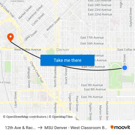 12th Ave & Race St to MSU Denver - West Classroom Building map