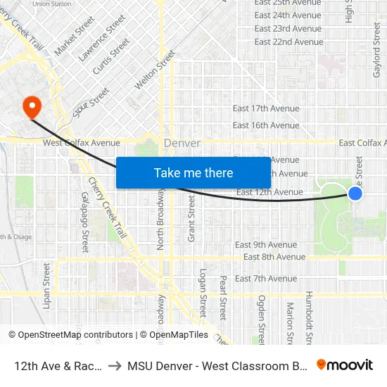 12th Ave & Race St to MSU Denver - West Classroom Building map