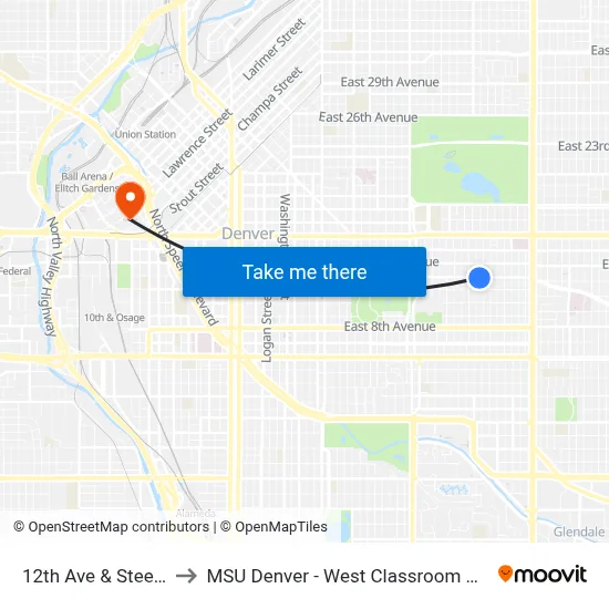12th Ave & Steele St to MSU Denver - West Classroom Building map