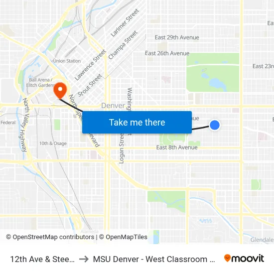 12th Ave & Steele St to MSU Denver - West Classroom Building map