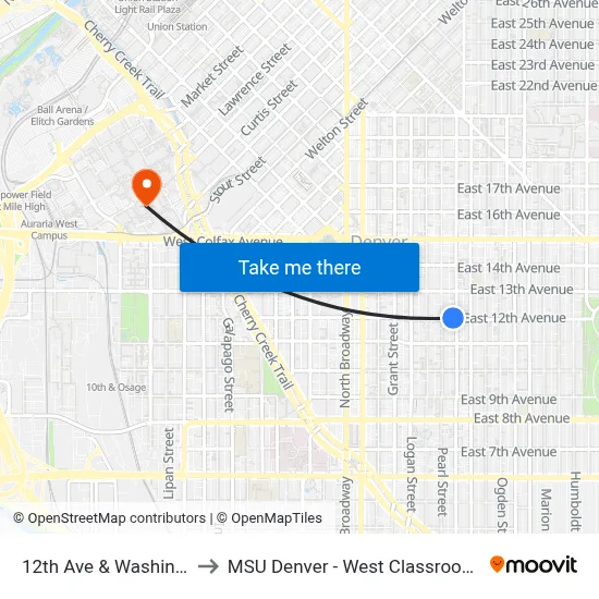 12th Ave & Washington St to MSU Denver - West Classroom Building map