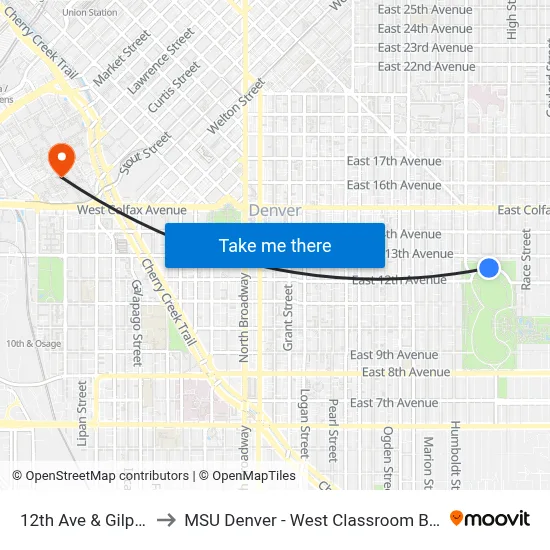 12th Ave & Gilpin St to MSU Denver - West Classroom Building map
