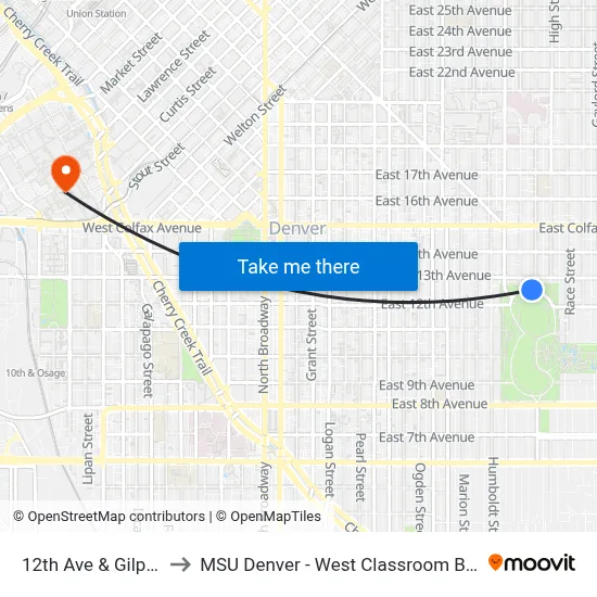 12th Ave & Gilpin St to MSU Denver - West Classroom Building map