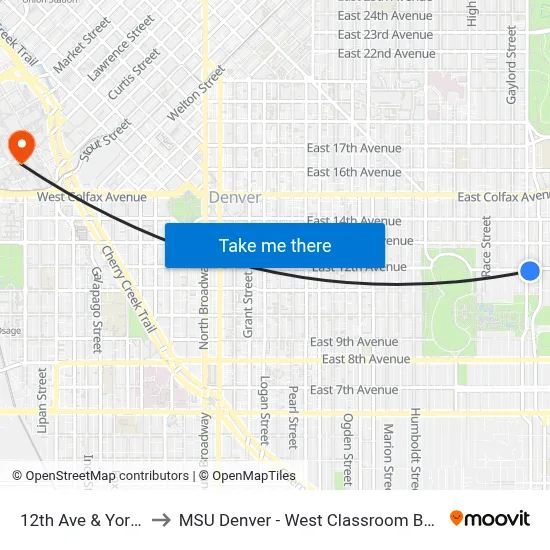 12th Ave & York St to MSU Denver - West Classroom Building map