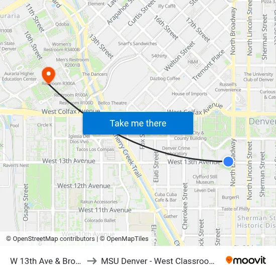 W 13th Ave & Broadway to MSU Denver - West Classroom Building map