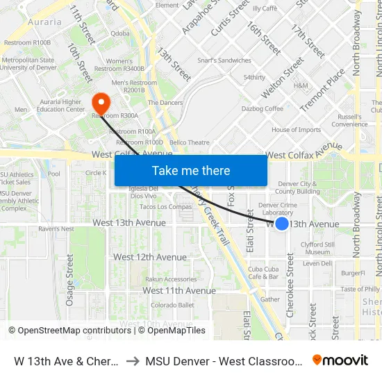 W 13th Ave & Cherokee St to MSU Denver - West Classroom Building map