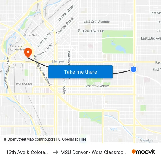 13th Ave & Colorado Blvd to MSU Denver - West Classroom Building map