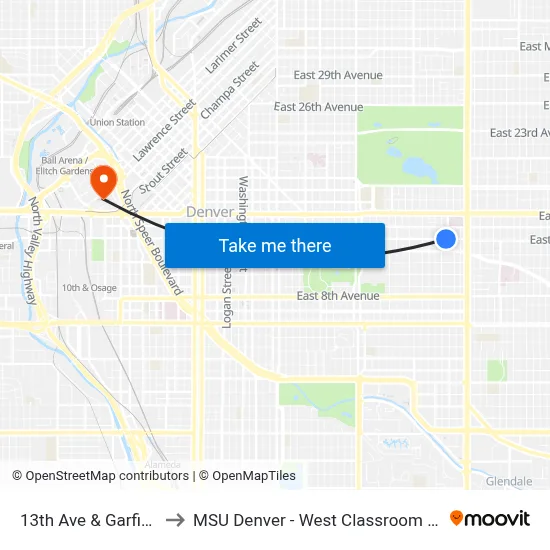 13th Ave & Garfield St to MSU Denver - West Classroom Building map